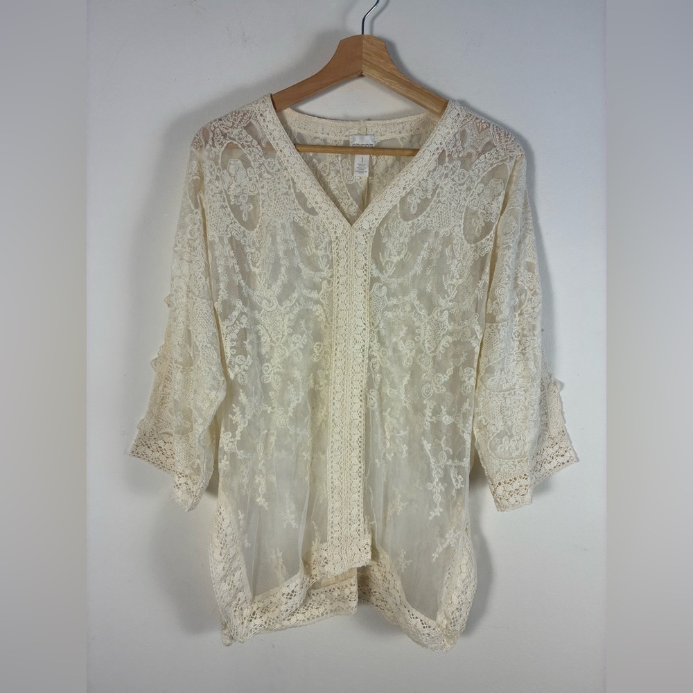 Chicos Top 1 Medium Sheer Vintage Cream Embroidered Lace Top Blouse Boho Fairy